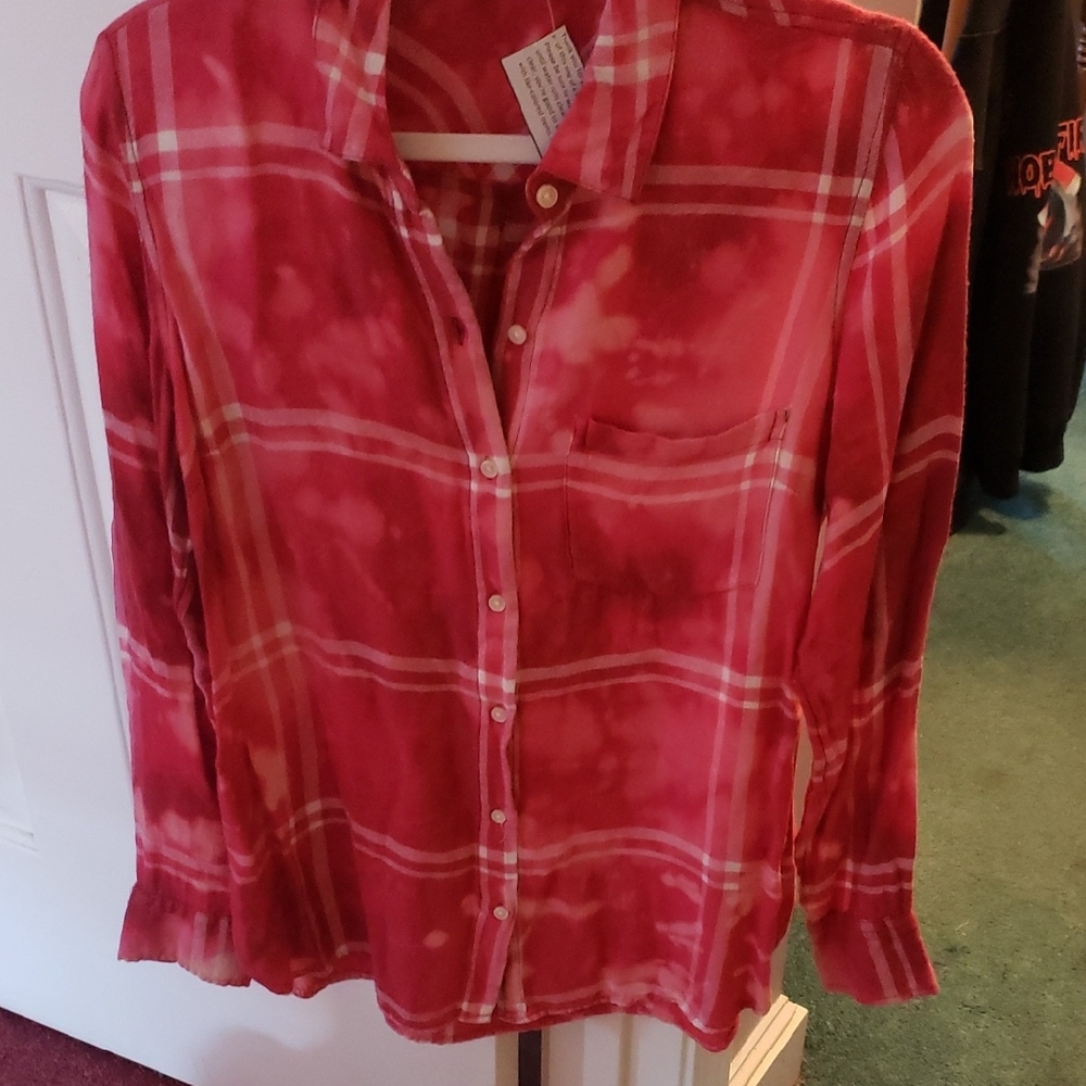 Upcycled  Red Tie-Dye Plaid  Button-Down Shirt